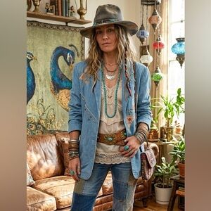 Vintage City Girl Sport Denim Blazer Southwestern Embellished Boho Size 12